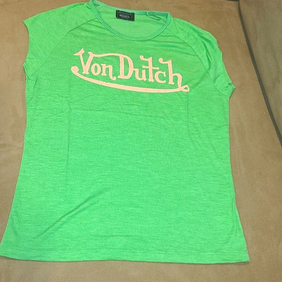 Von Dutch Tops - New Von Dutch Baby Doll T Shirt Top Green w/pink